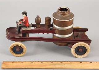 Antique Pressed Steel KINGSBURY Firetruck Pumper Engine Windup Toy Iron Fireman