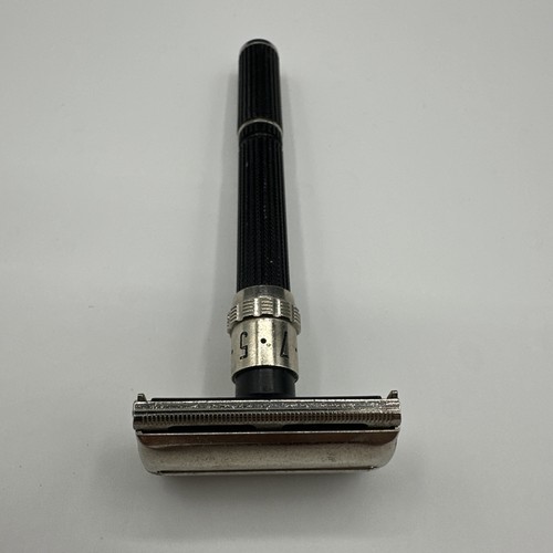 Navaja de afeitar de seguridad Gillette ajustable 1-9 vintage EE. UU. negra plateada y hoja - Imagen 2 de 11