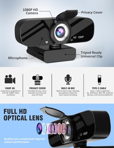 Full HD Webcam with Built-in Microphone and Rotatable Tripod, 1080P Video and... - Picture 5 of 6