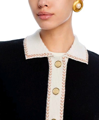 C BY Designer 100% cashmere Contrast Trim Cardigan Women's Size XL Black/Ivory - Picture 3 of 6