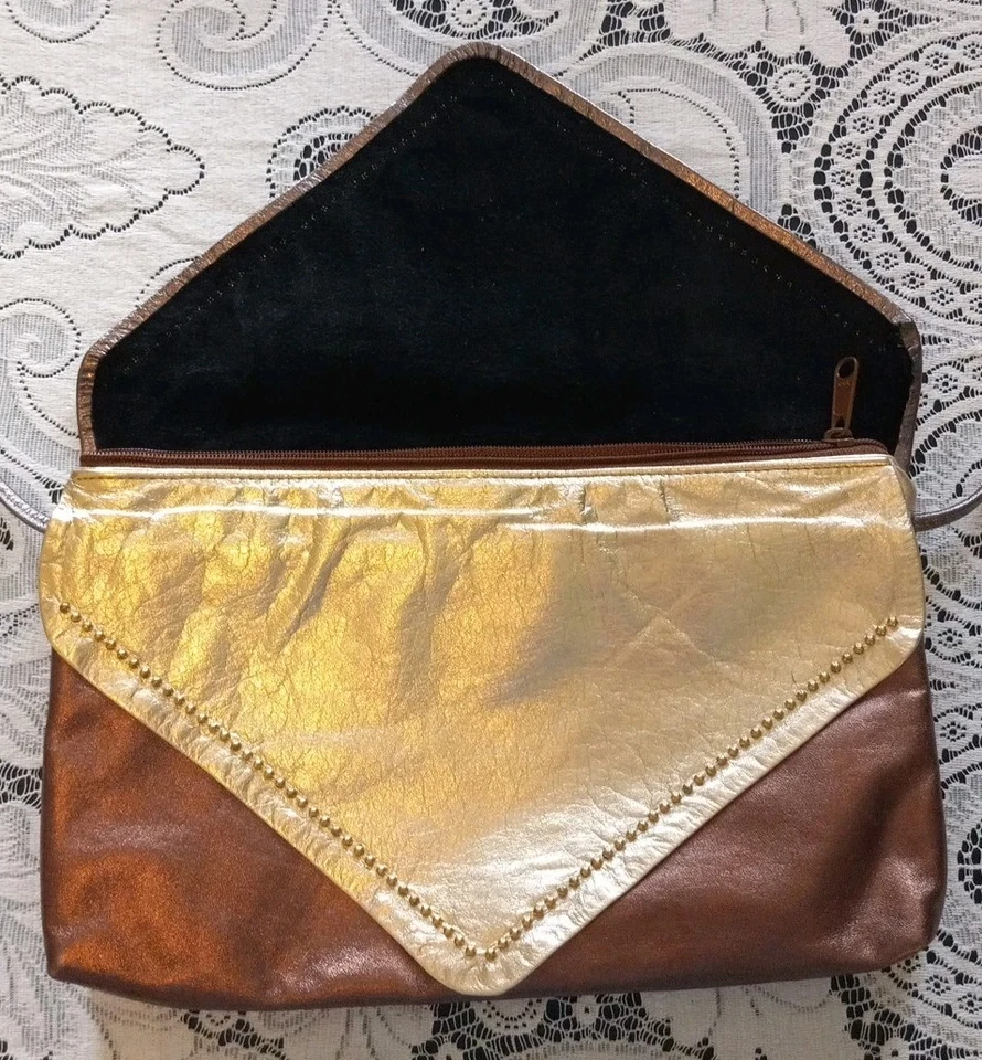 Cartera bandolera estilo sobre vintage Hobo metálica bronce dorado cuero marrón Foto 4 de 4