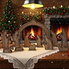 Indoor Christmas Nativity Set 12pcs Wooden Manger Rustic Mini Figurines
