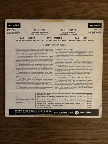 BACH PIANO COLUMBIA ML4684 US LP - Picture 2 of 3