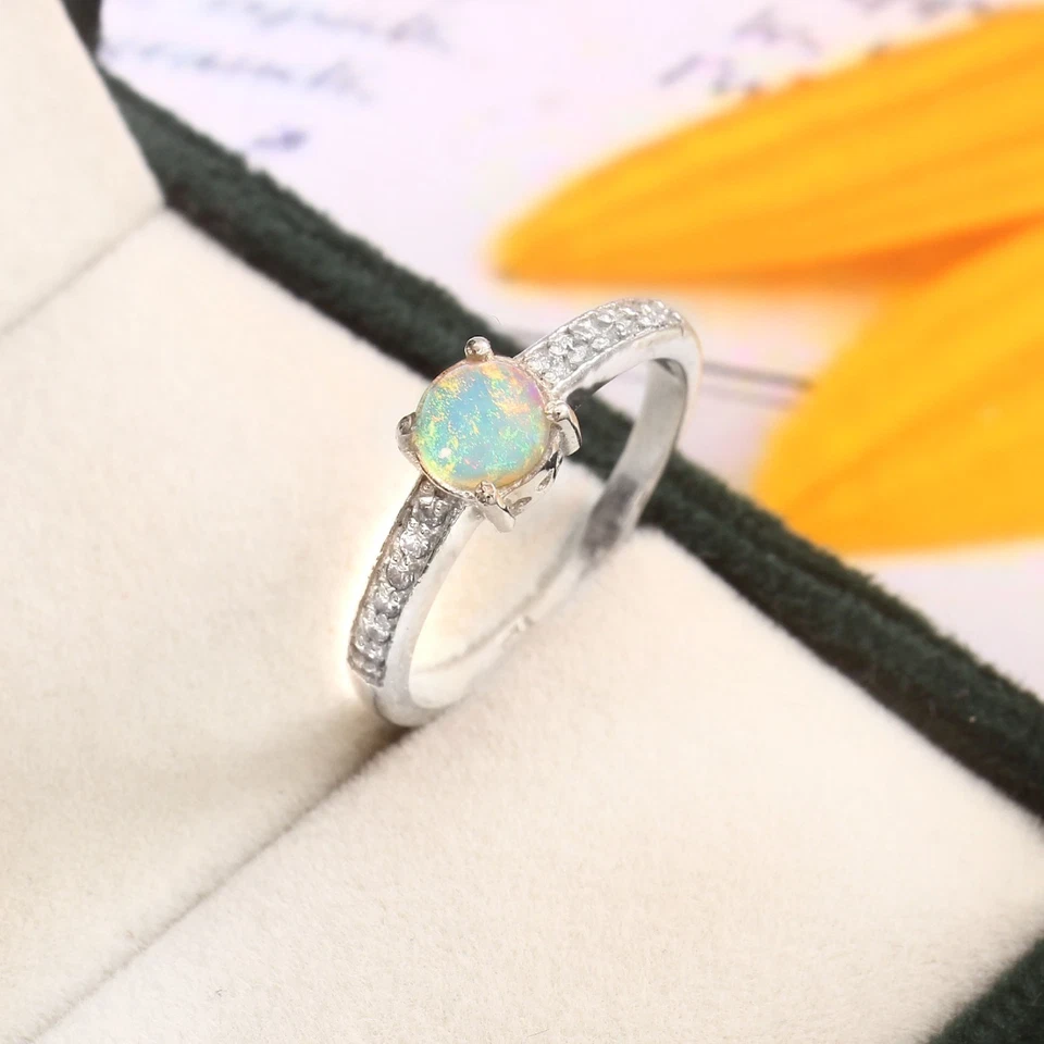 Hermoso anillo de ópalo etíope natural plata 925 ópalo de fuego cabujón redondo Foto 2 de 4