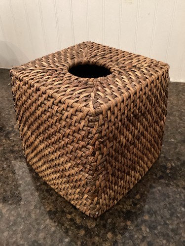 Vintage Wicker Cube Tissue Box Cover Light Brown Open Bottom Boho Cottagecore - Picture 1 of 3