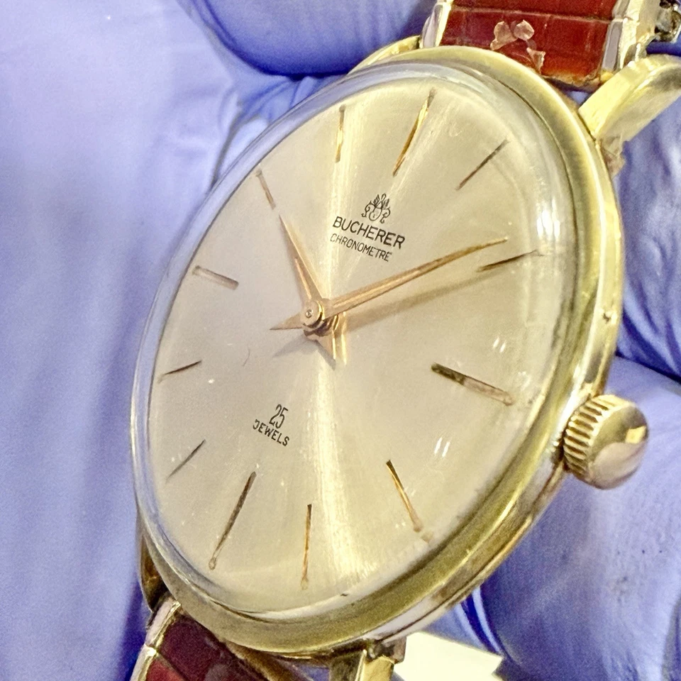Reloj suizo vintage Bucherer fecha automático 25 joyas para hombre 34 mm esfera dorada ¡FUNCIONA! Foto 4 de 4