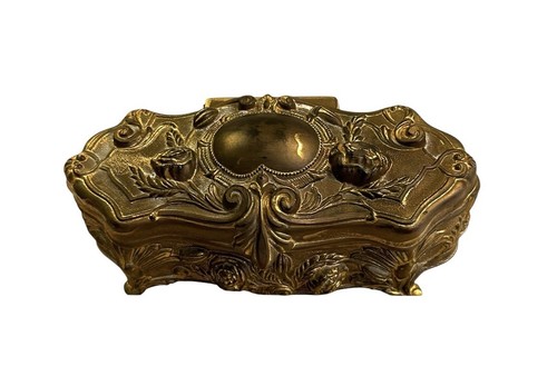 Vintage Jugendstil aufklappbar Metallguss Schmuckschatulle 8" floral gold oval verziert - Bild 5 von 11