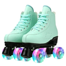 Cowhide High-Top Double-Row Roller Skates for Men, Women & Girls - Green Flash