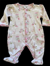 Kissy Kissy EUC Pink/White Paris Theme Peruvian Pima Cotton Snap Footie-3-6 Mos