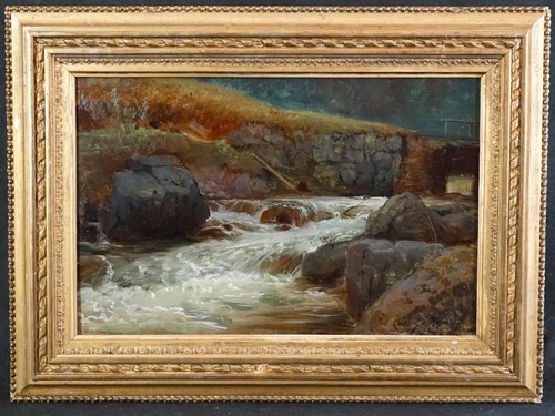 JOHANN RUTHS 1825-1905 ROCKY RAPIDS WATERFALL SKETCH ANTIQUE OIL Painting
