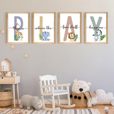 Set of 4 Framed Kids Playroom Safari Animals Wall Art Prints Decor,12X16  Toddle