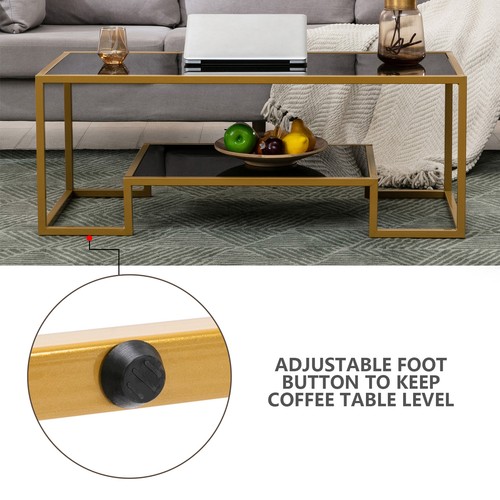 NewModern Black Glass Top Coffee Table Rectangle End Side Table Gold Metal Frame - Picture 4 of 23