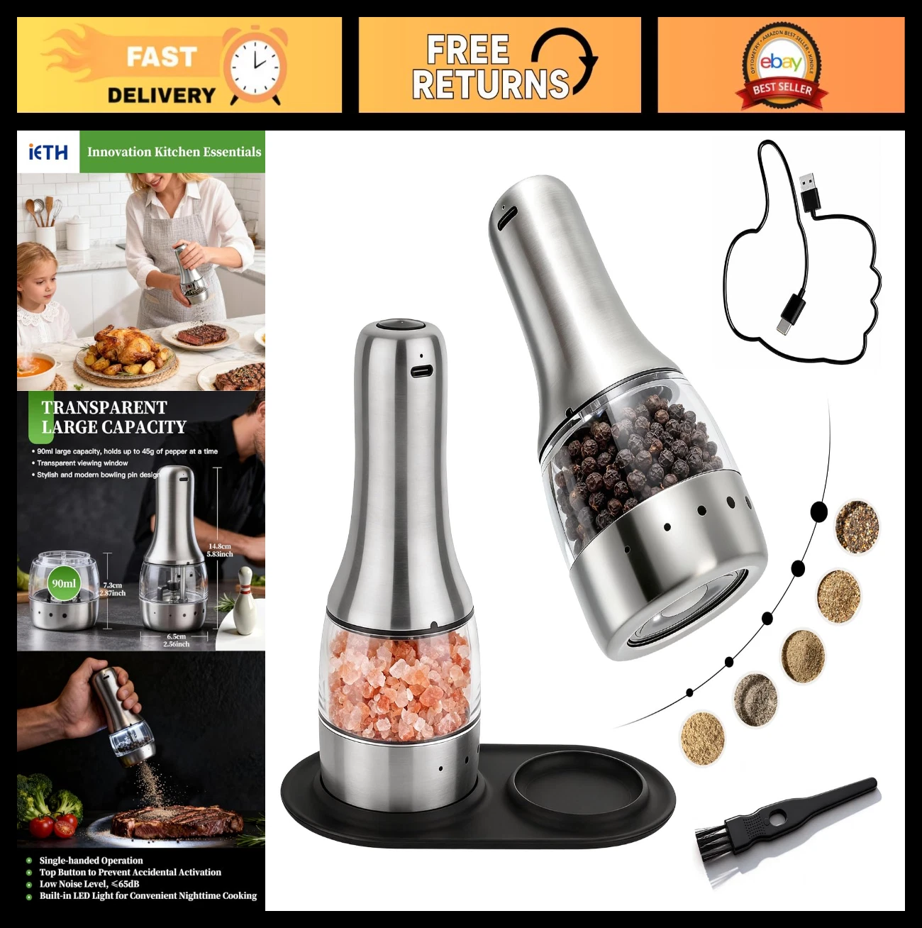 Rechargeable Electric Salt & Pepper Grinder Set - LED, Adjustable Coarseness, Du