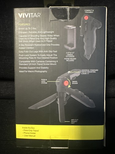 Vivitar Pistol Grip Portable Mini Tabletop Tripod VIV-VT4KIT - New - Photo 2 sur 6