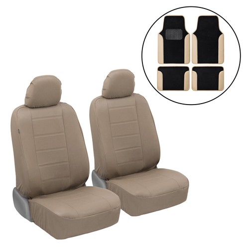 Solid Beige Faux Leather Car Front Seat Covers With Black Carpet Floor Mats - Beige Faux Leather Car Seat Covers Solid Beige Faux Leather Car Front Seat Covers With Black Carpet Floor Mats - Beige Faux Leather Car Seat Covers