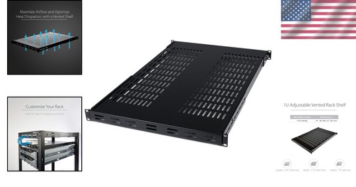 1U Vented Black Rack Shelf - Supports AV & Networking Equipment - 27.56in Depth - Afbeelding 2 van 9