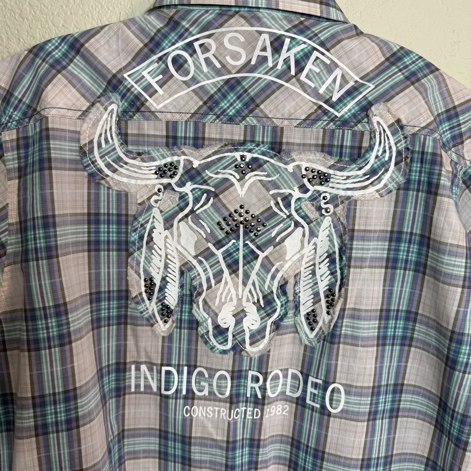 Indigo Star 男式短袖格子扣 L 码靛蓝 Rodeo 背面 — 第 4/4 张图片