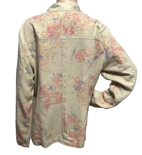 Vintage Pendleton Linen Blend Blouse Large Tan Pink Blue Floral Button Down Top - Picture 10 of 14