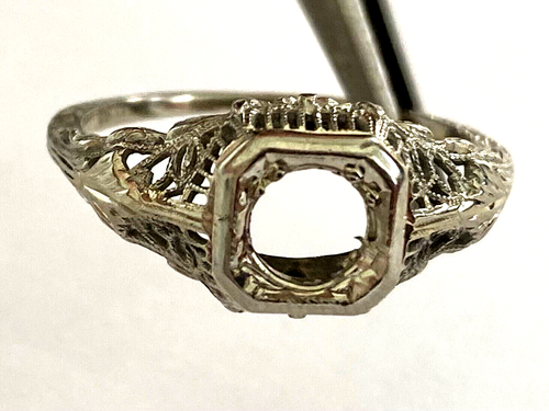 Antique 18K Solid White Gold Filigree Ladies Ring Setting Size 7.75 - Picture 13 of 18