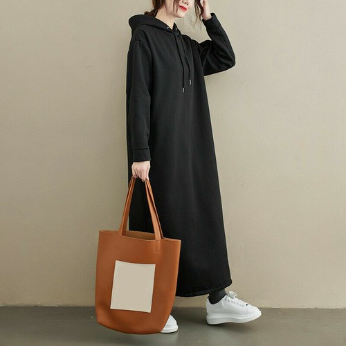 Damen Freizeit Sweatshirt Hoodie langes Kleid Fleece gefüttert lockerer Schlitz einfarbig warm - Bild 4 von 26