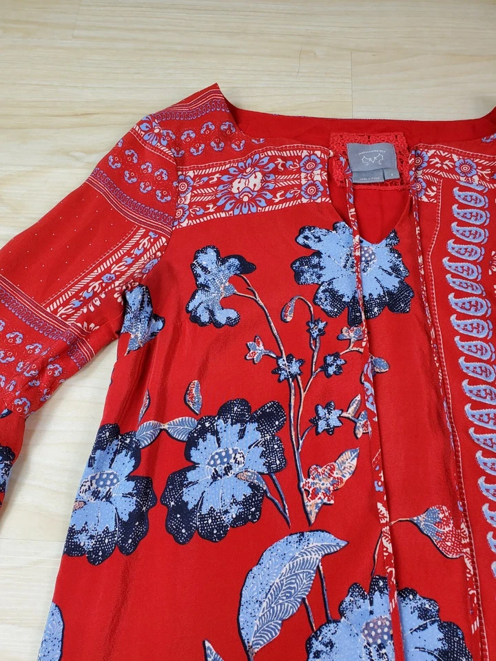 Vestido Campesino Vanessa Virginia Anthropologie Manga Campana Seda Forrado Rojo Talla 0 Foto 4 de 4