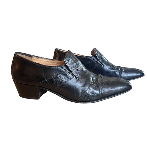 Men's Vintage Black Leather Cuban Heel Shoes UK Size 9 Slip On Chisel Toe - Picture 2 of 13