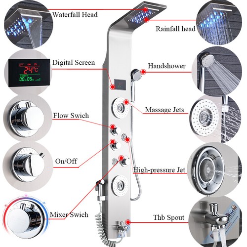 Rain&Waterfall LED Shower Panel Tower Stainless Steel Massage Body Jets System - Picture 47 of 149