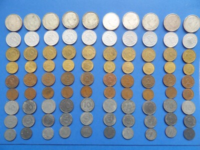 Germany 1937 -1943 Swastika 1,2,5,10,50 Pfennig and 2 mak silver 9