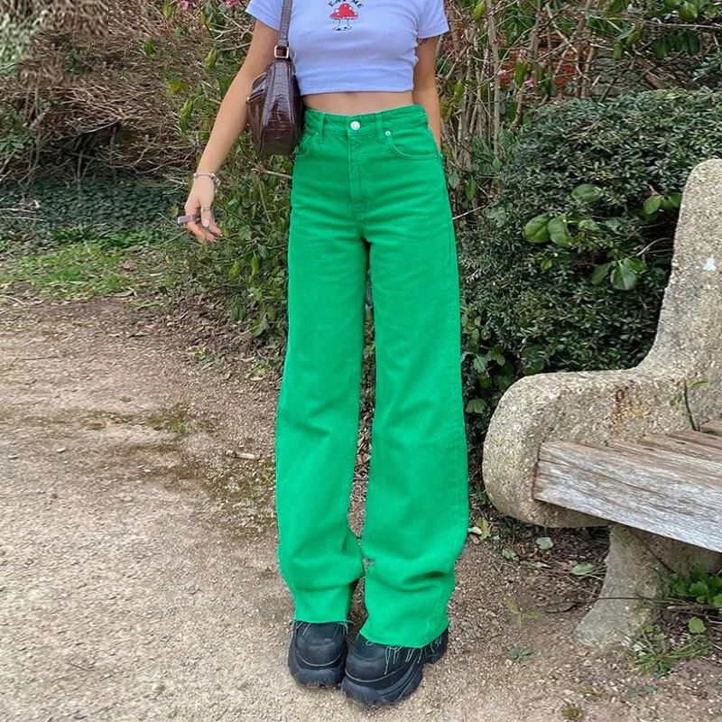 Green Wide Leg Jeans Hippie 90s Vintage Pockets High Waist Relaxed Denim  Pants