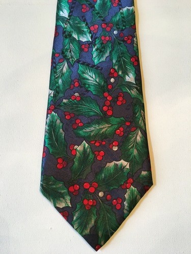 Cravatta Yule Auguri Blu Navy Rosso Verde Agrifoglio Punzone Natale Festività Cravatta - Foto 1 di 5