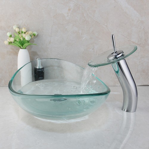 Clear Bathroom Sink Tempered Glass Oval Vessel Sink Combo Chrome Taps Drain Set - Picture 7 of 12