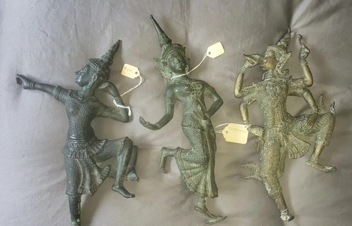 Lotto di 3 antichi ballerini tailandesi bronzo sud-est asiatico principe Rama patina. - Foto 2 di 20