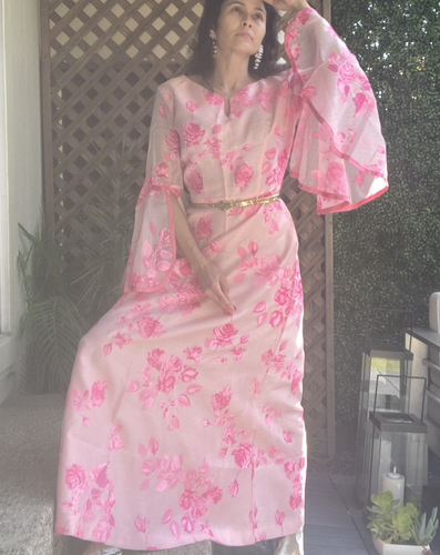 VTG 60 70s Shaheen Floral Rose Hostess Maxi Dress Bell Trumpet Angel boho fairy - Picture 3 of 21