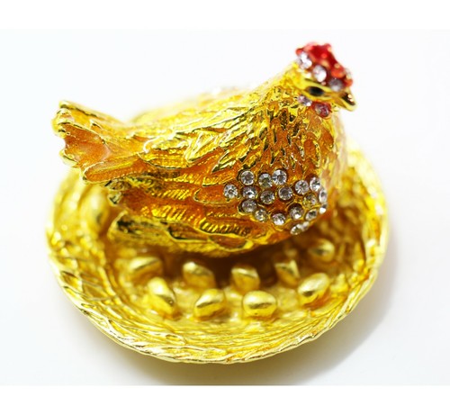 Bejeweled Enameled Trinket Box/Figurine With Rhinestones-Small Chicken on nest - Picture 3 of 5
