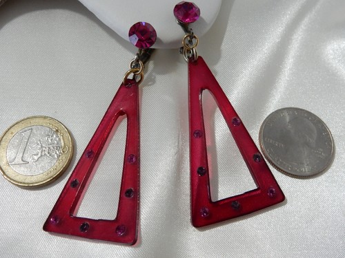 Vintage Clip Earrings 1960s Large Drop Pink Lucite Sparkle Rhinestones - Picture 3 of 20