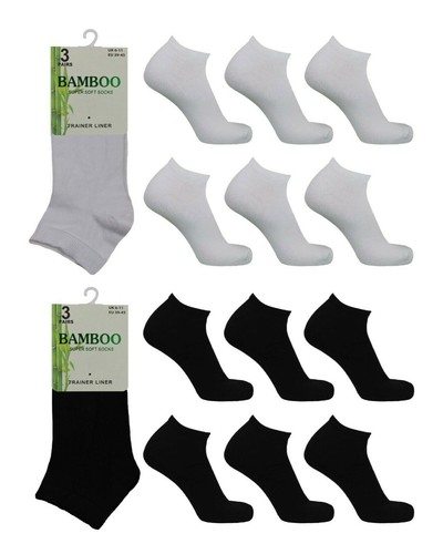 3 Pairs Men's Ladies Bamboo Breathable Low Cut Ankle Black White Trainer Socks - Picture 1 of 5