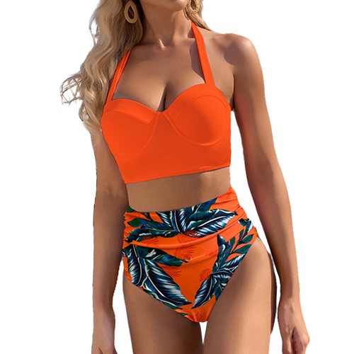 Women High Waist Bikini Swimwear Beachwear Leaf Print Bathing Swimsuit 2pcs/Set - Picture 13 of 19