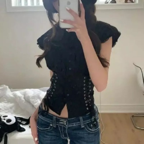 Camiseta corta vintage grunge negra con vendaje elegante Y2k Fairycore para mujer - Imagen 13 de 23