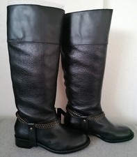Dkny Tall Riding Boots Shoes Black Leather Chains Embellished 38 Eu 5 Uk