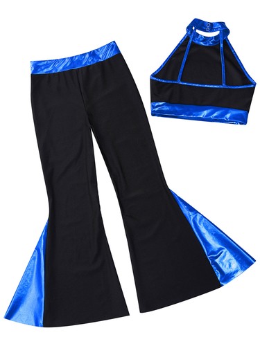 Kids Girls Sports Suit Shiny Dancewear Rhinestone Crop Top With Flared Pants - Picture 23 of 66