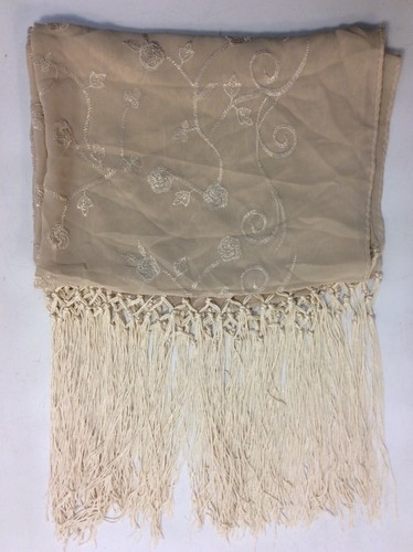 Beige Tasseled Gossamer Floral Rectangular Scarf 60” x 20” GnuFashion - Picture 9 of 10