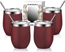 Zonegrace SET 4 12 oz Stainless Steel Stemless Wine Glass NO Straws NEW
