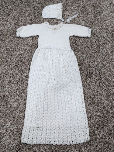 Handmade Vintage Christening Gown Trio Baptism Long Dress Crochet Baby Size 0-1 - Picture 2 of 12
