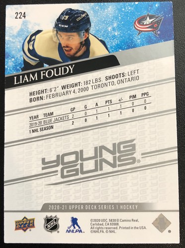 2020-21 Upper Deck Series 1 Liam Foudy Young Guns Rookie Card 224 - Picture 2 of 2