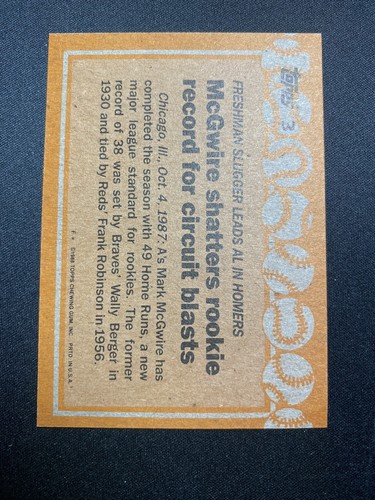1988 Topps #3 Mark McGwire Record Breakers Error NM-MT+ - Picture 2 of 2
