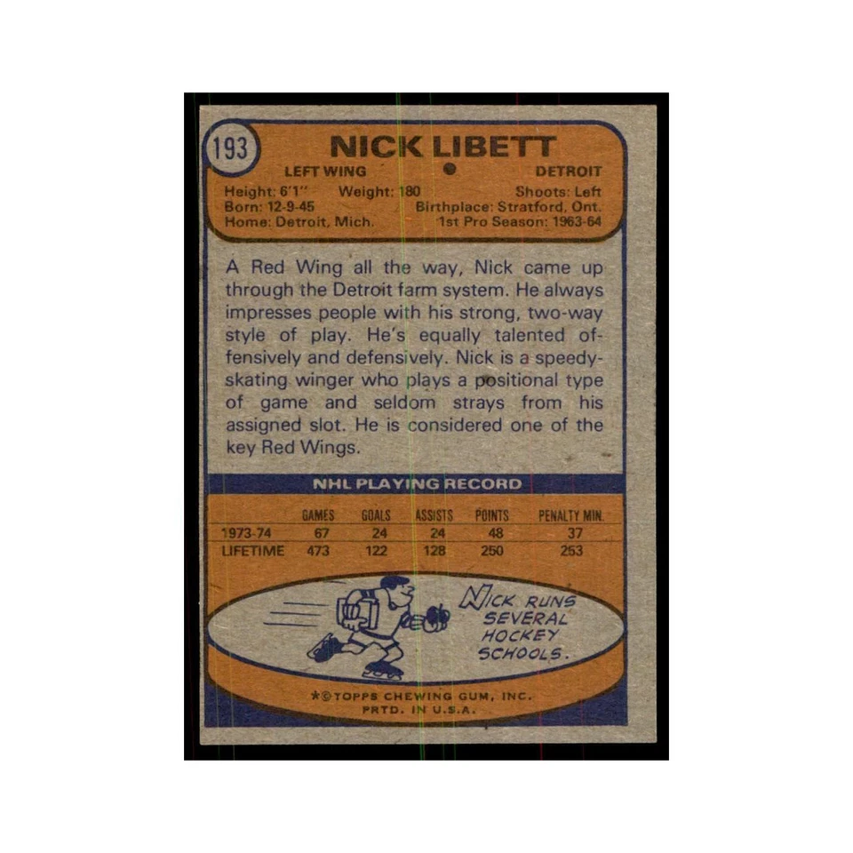 Nick Libett 1974 Topps #193 Hockey Cards Hockey Card EX - Image 2 of 3