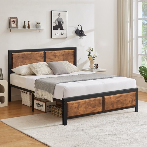 Bed Frame Twin/Full/Queen Size With Wooden Headboard Heavy Duty Metal Platform - Picture 4 of 39