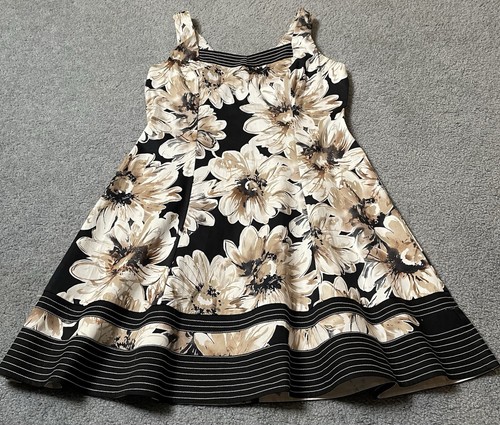 Vtg 90s AGB Women’s A-Line Dress Sz 14 Beige Floral Black Trim Sleeveless Mini - Picture 6 of 13