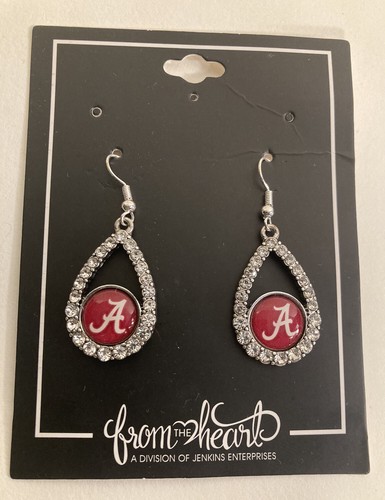 Alabama University Crimson Tide Teardrop Clear Crystal Silver Earrings Jewelry - Picture 2 of 24