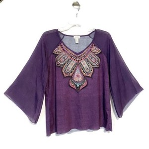 Chico-039-s-Blouse-Size-2-Medium-Purple-India-Print-Sparkle-Sheer-Sleeves